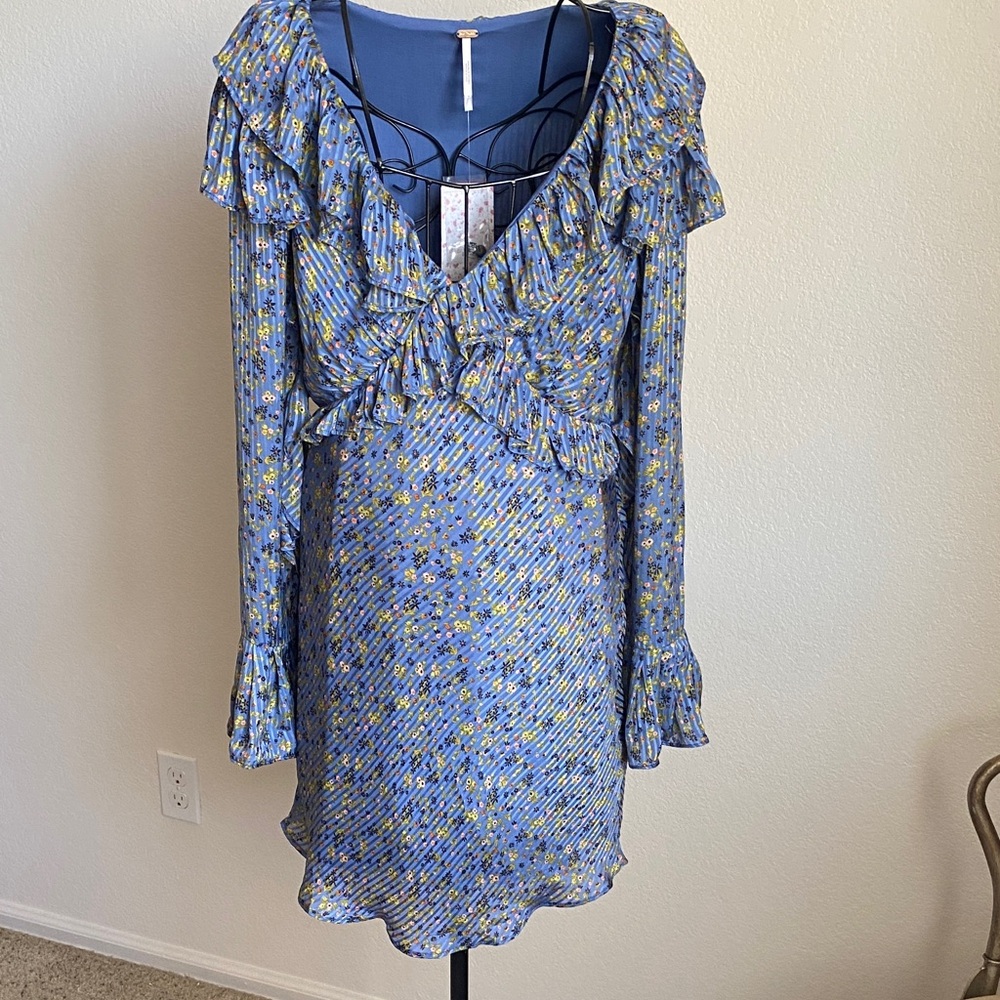 NWT Free People Blue Floral Mini Dress with Yellow Accent